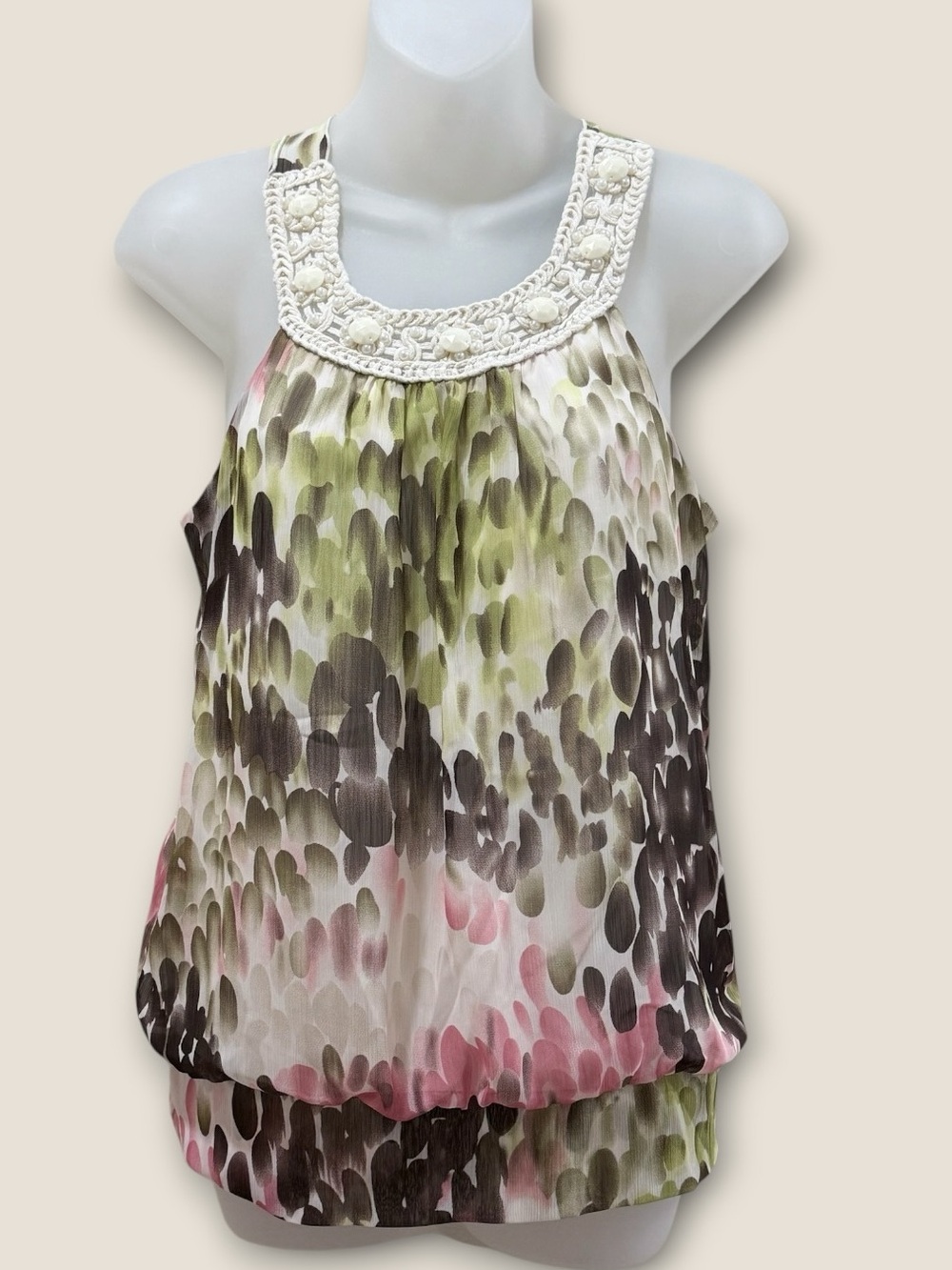 B-Wear Women’s Sleeveless Beaded Yoke Blouse in Multi-Color SZ L